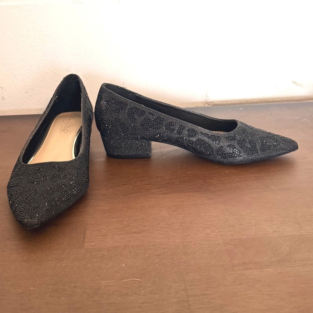 Carolyn Tucker Women Black Leopard Sparkle Pointed Toe Low Block Heels Shoes 6 - Picture 4 of 9
